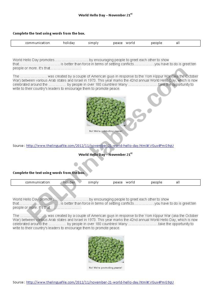 World Hello Day worksheet