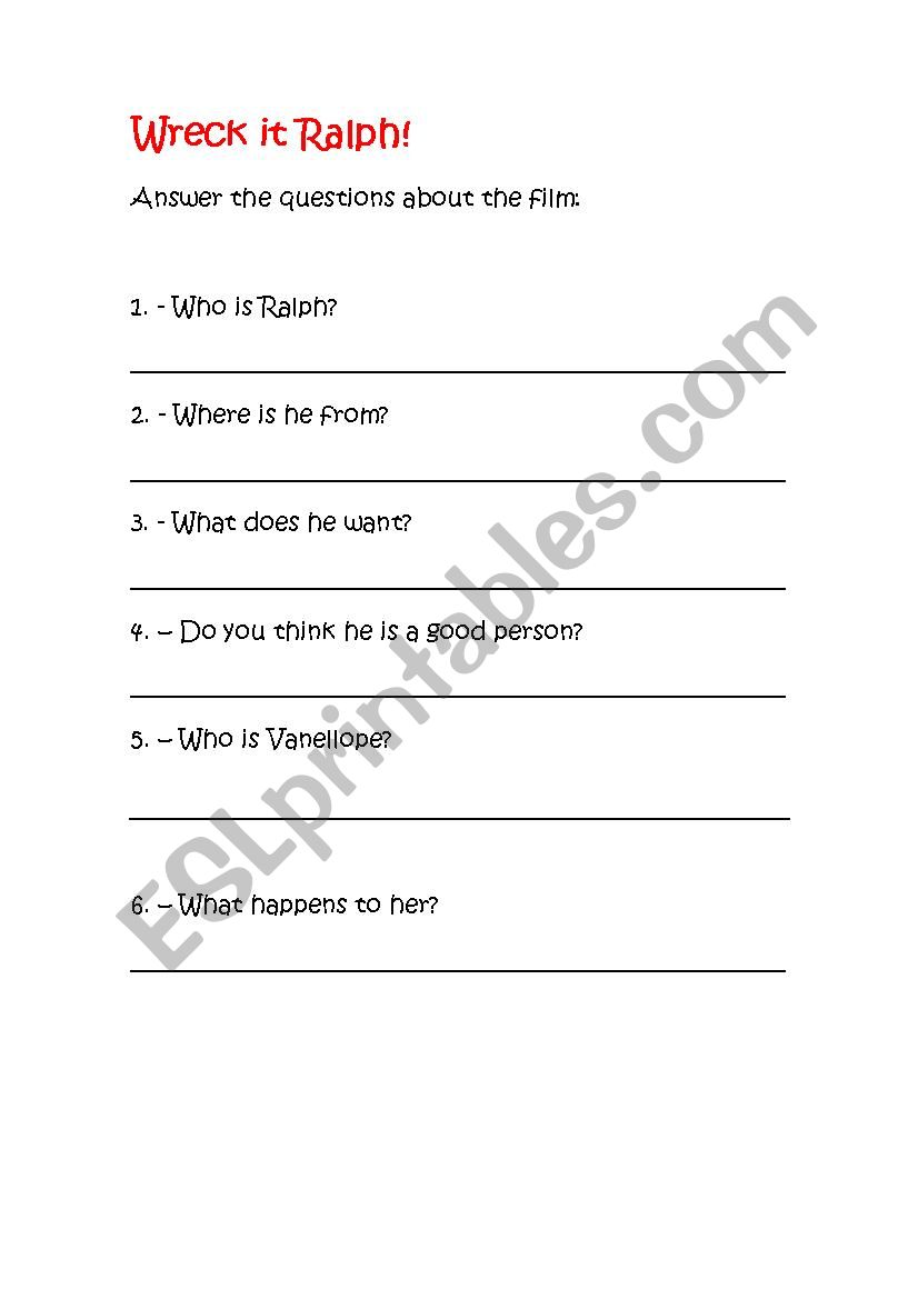 Wreck it Ralph questionaire worksheet