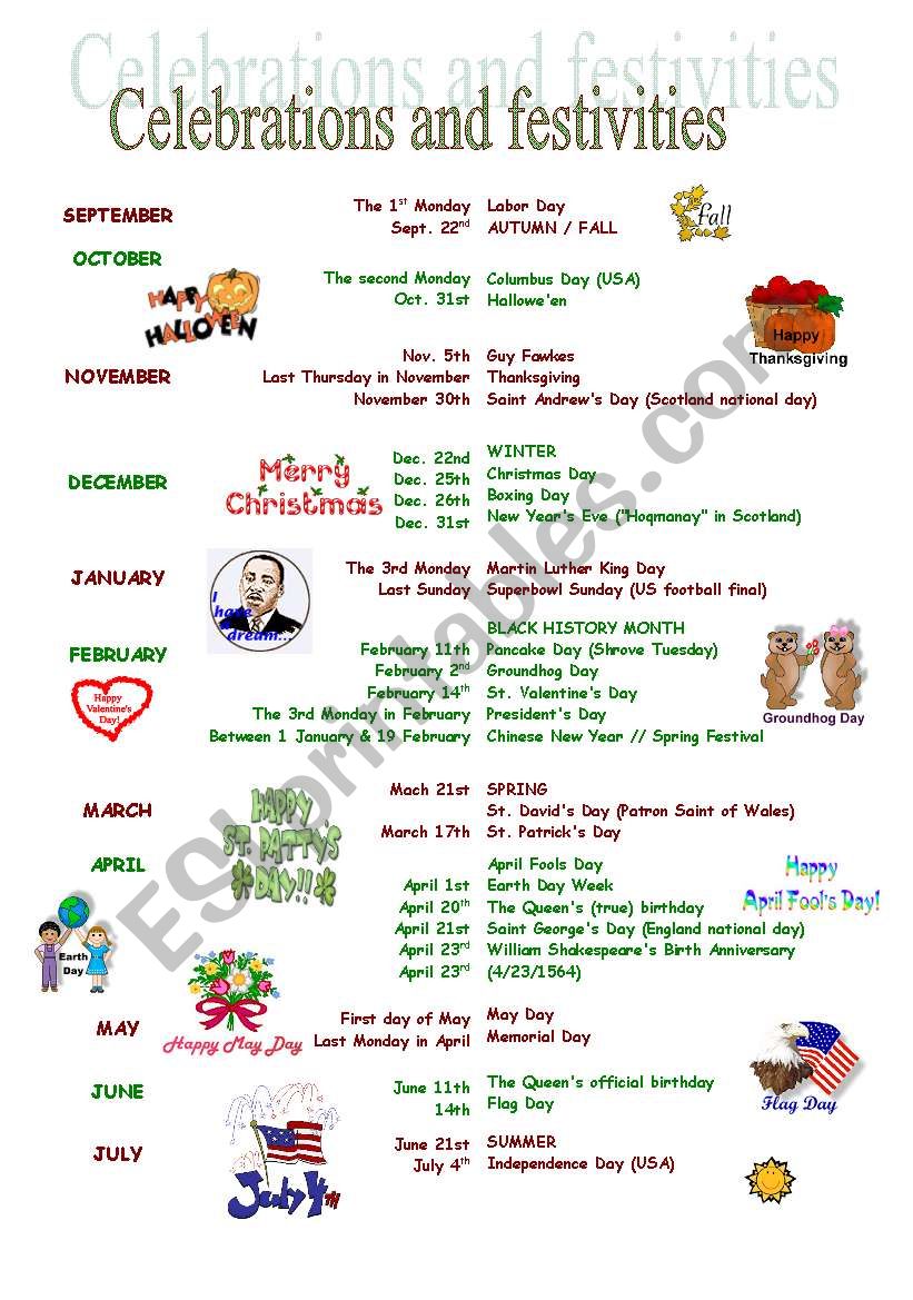 Celebrations and festivities worksheet