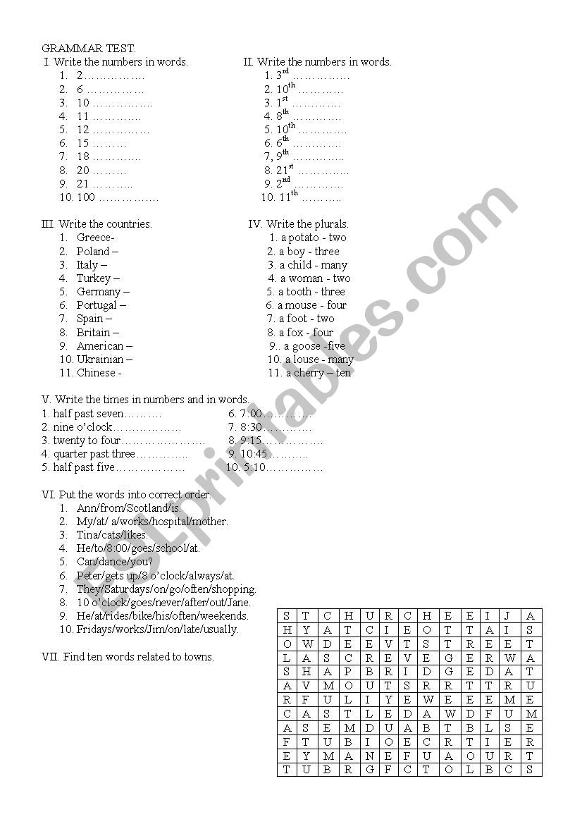 grammar test for elementary students