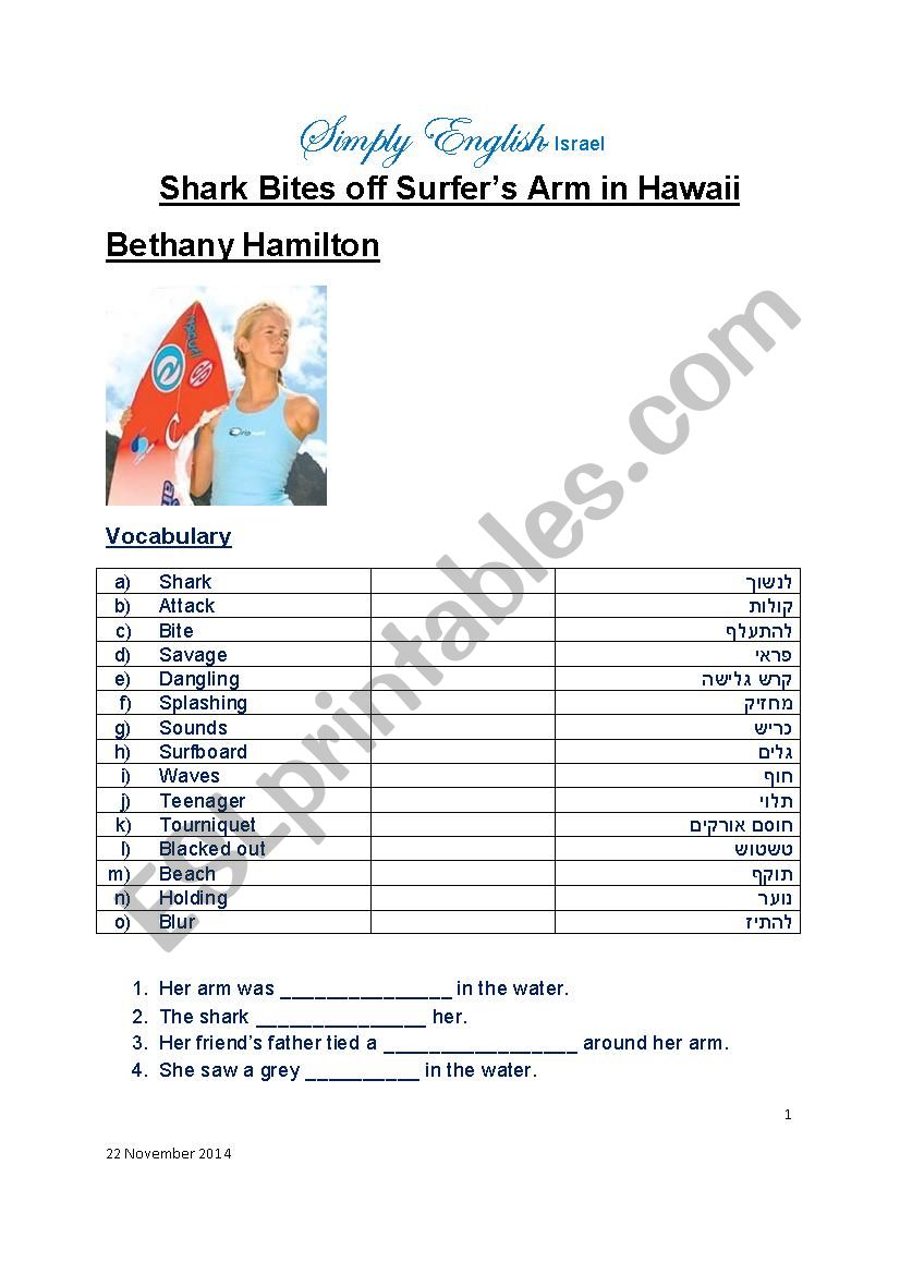 Shark Bites off Teenagers Arm worksheet