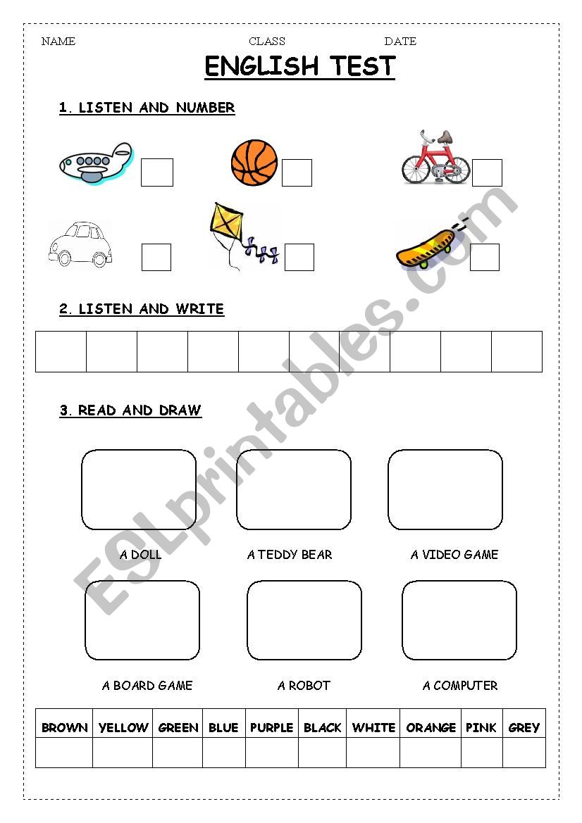 TOYS and COLOURS TEST worksheet