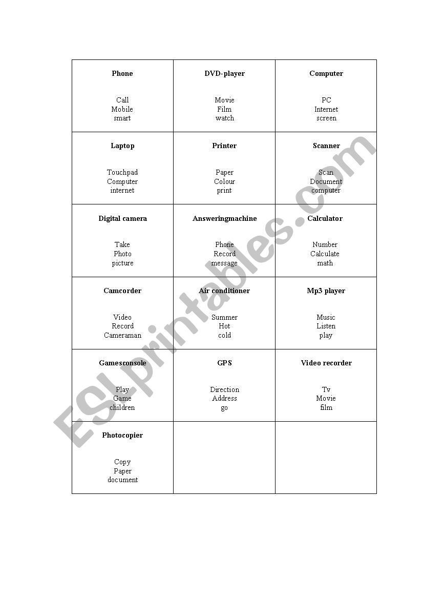 Taboo for electronic devices worksheet