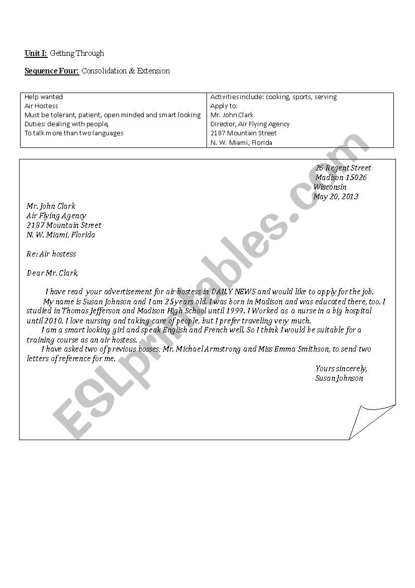 application letter worksheet