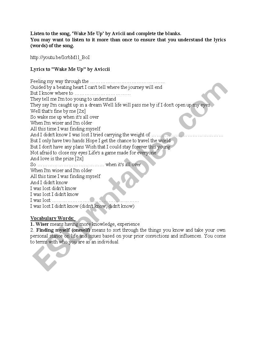 Wake me up Aviccii worksheet