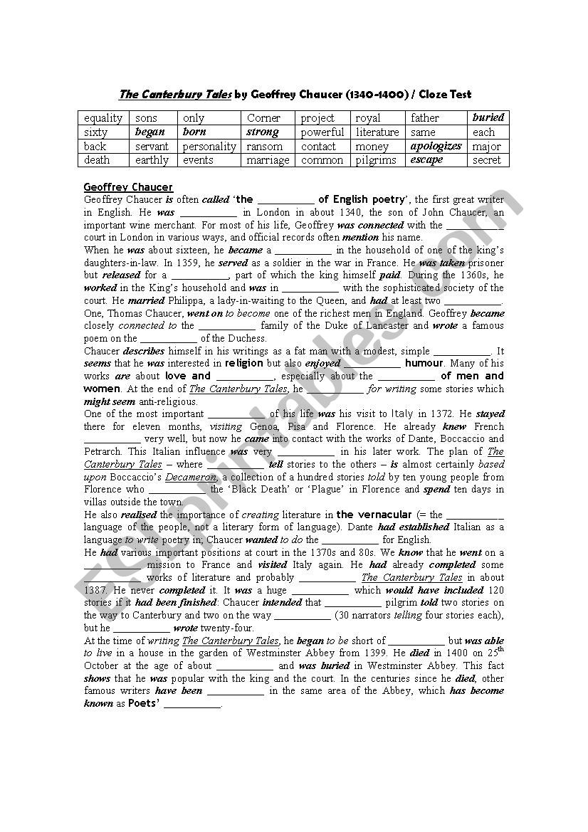 CHAUCER and THE CANTERBURY TALES CLOZE TEST & KEY