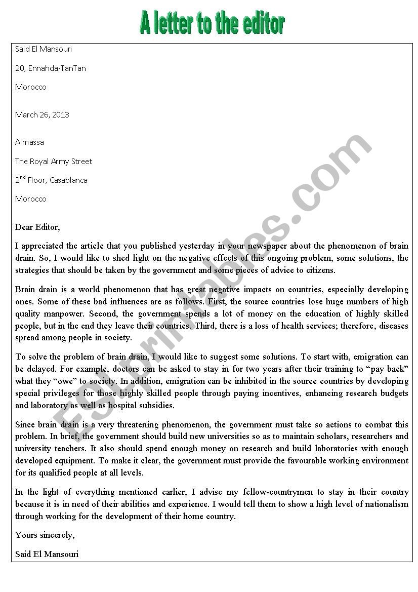 A letter to the editor worksheet