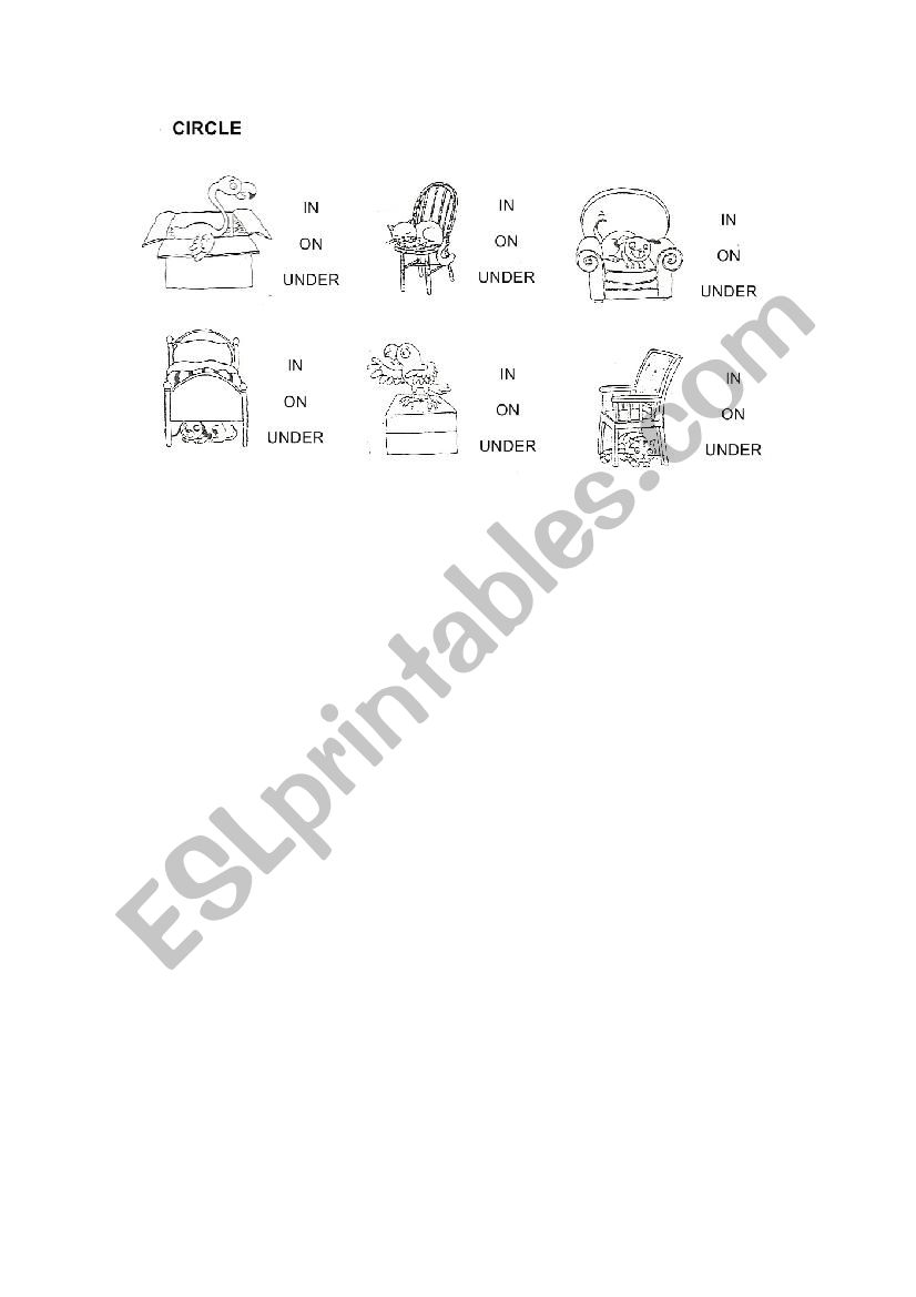 Circle (in-on-under) worksheet