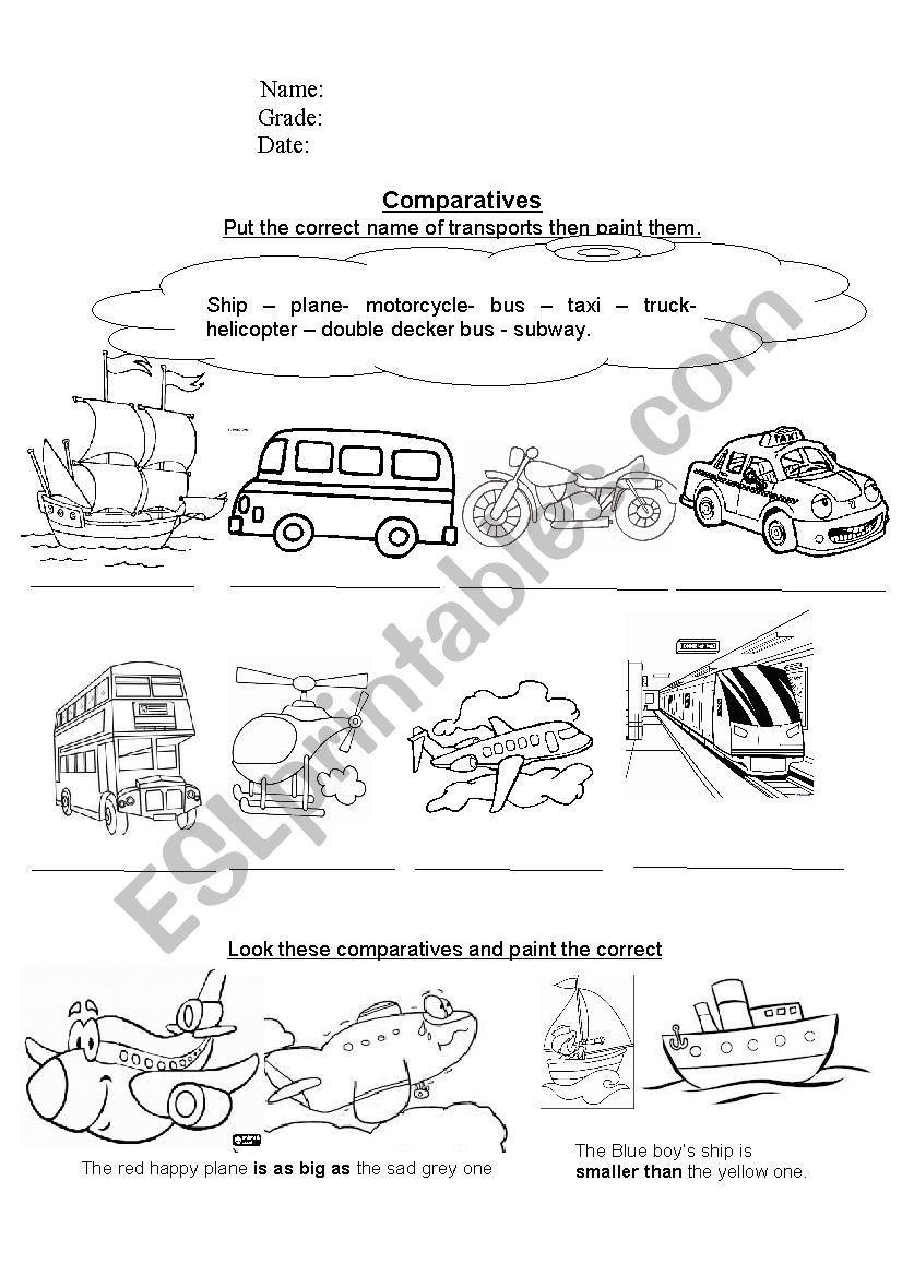 Comparatives - transports worksheet