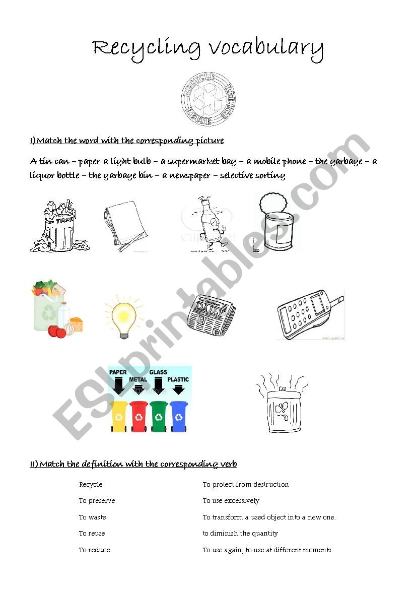 Recycling vocabulary worksheet