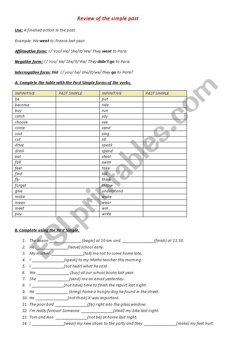 worksheet to revise the simple past 