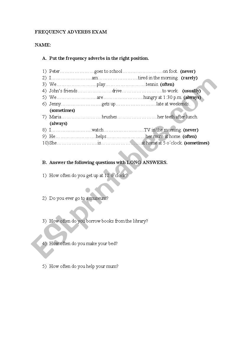 Frequency adverbs exam worksheet