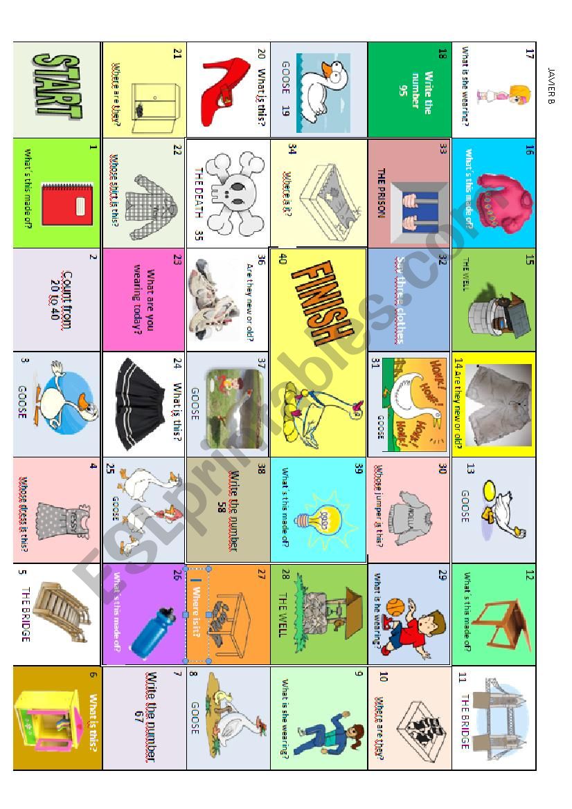 CLOTHES AND PREPOSITIONS GAME USING GOOSE BOARD 