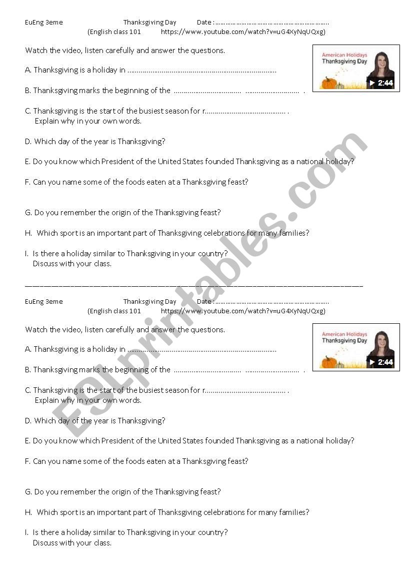 Thanksgiving Day worksheet