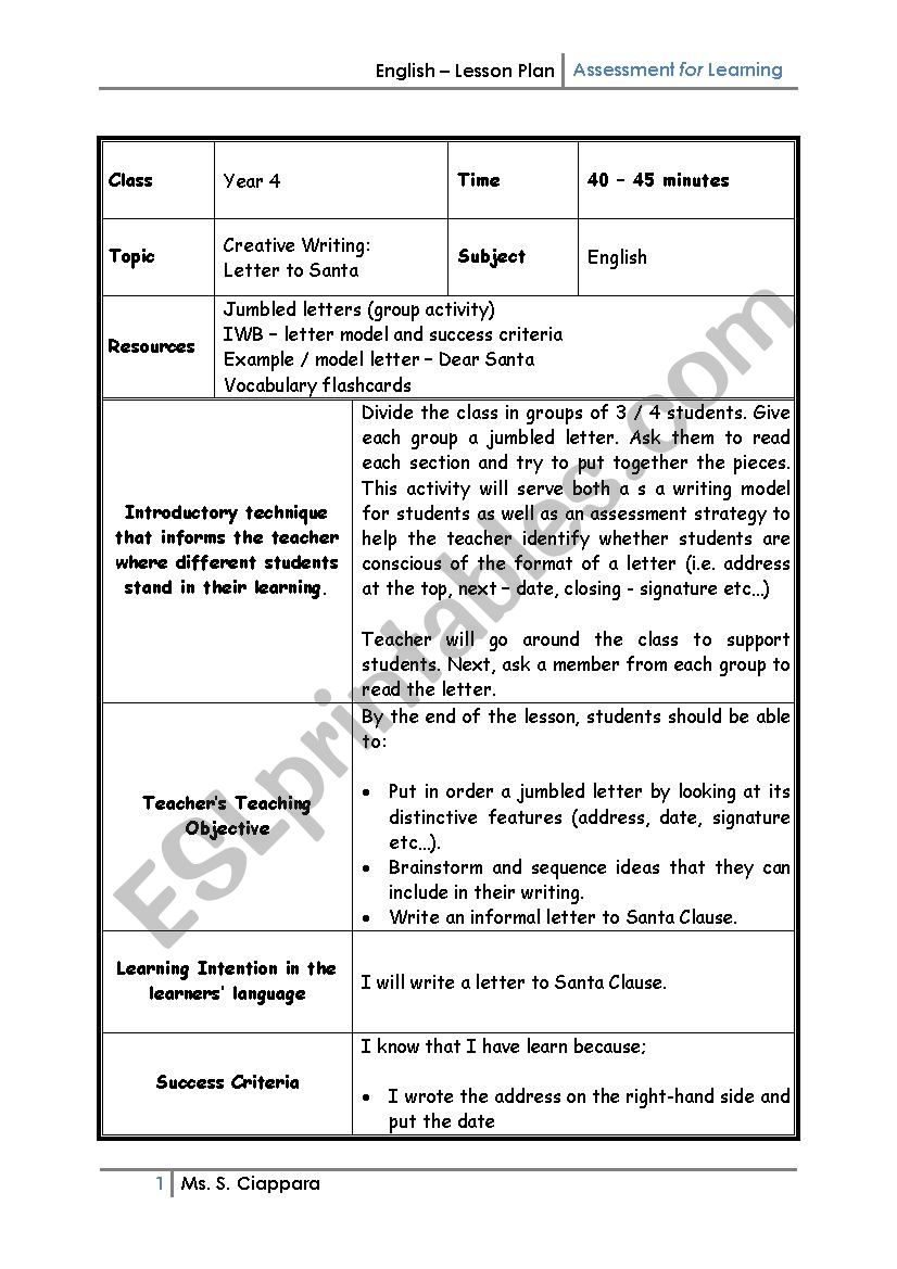 lesson plan Letter to Santa worksheet