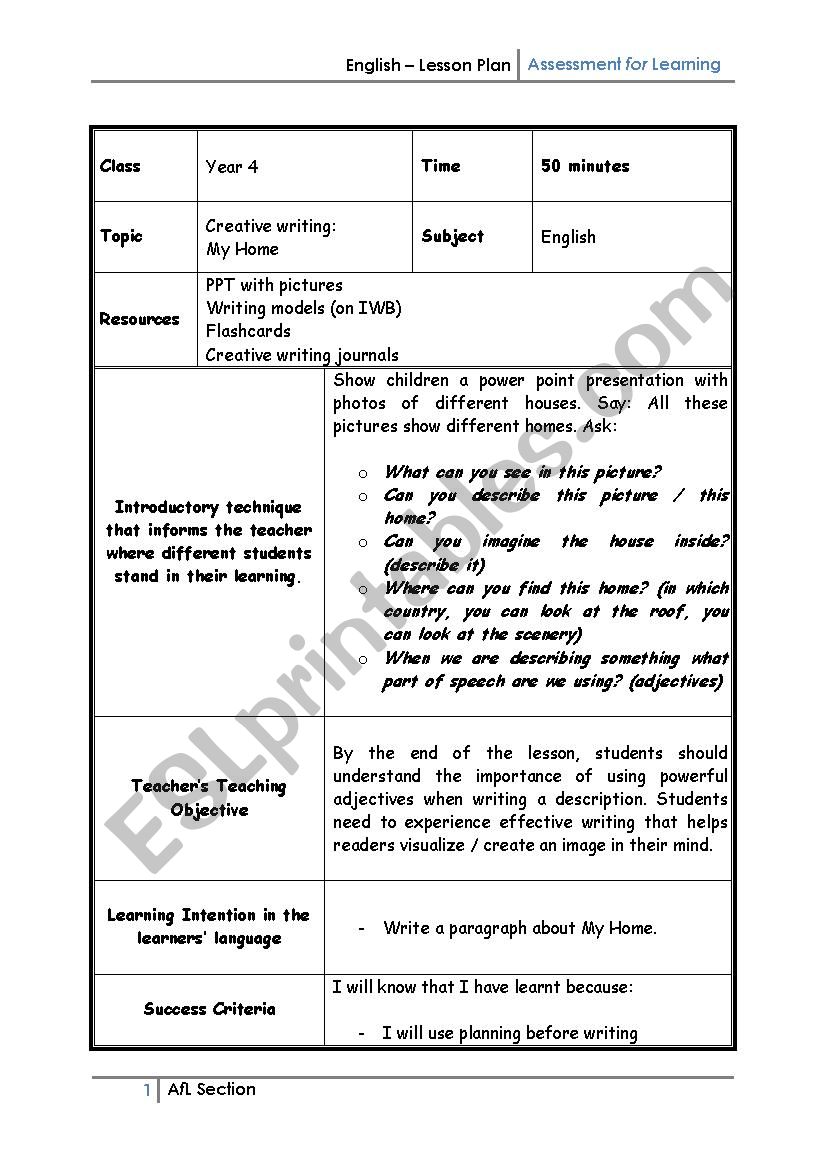 creative writing lesson plan year 7