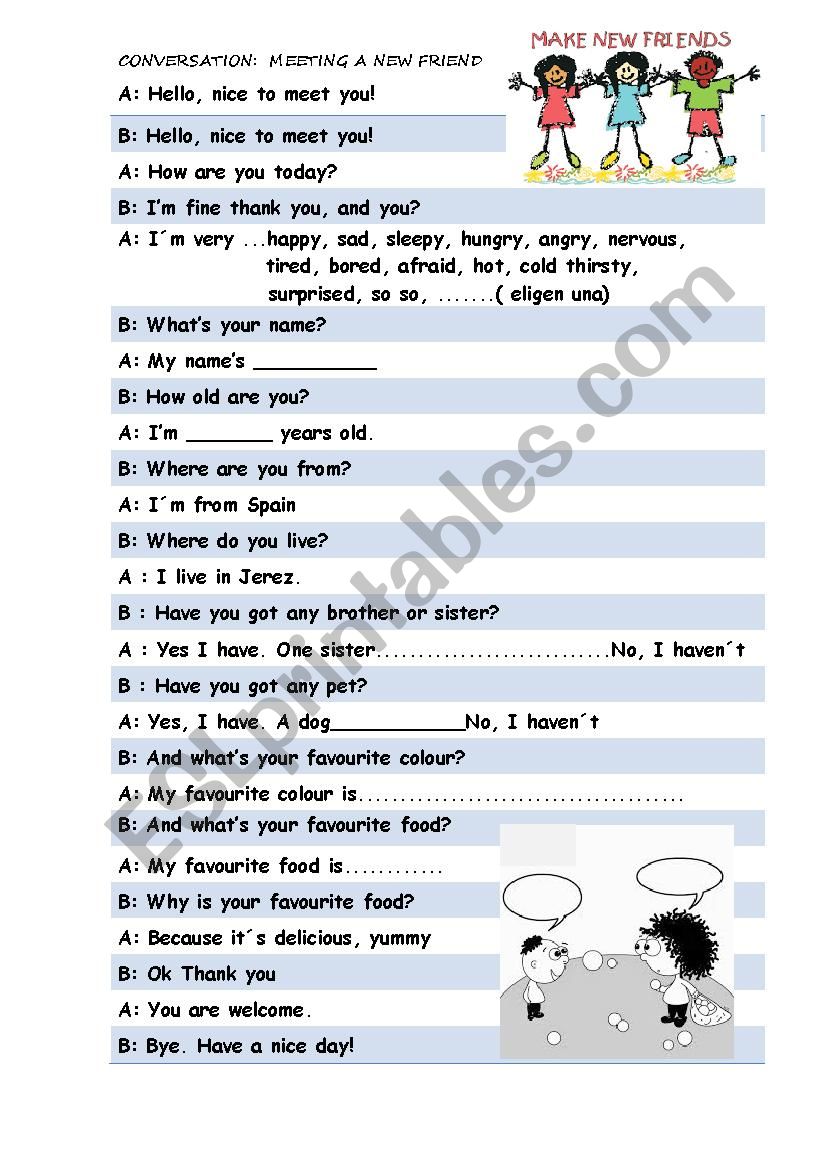 Meeting a new friend worksheet