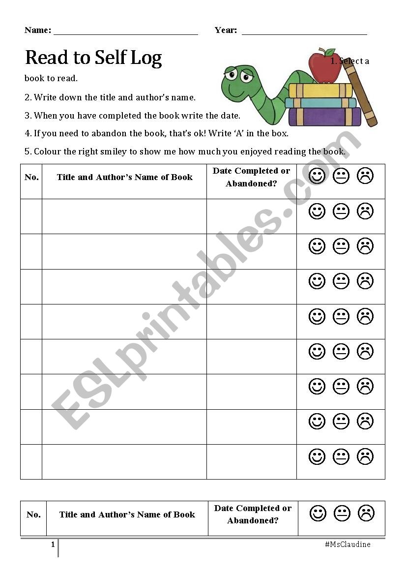 Read to Self Reading Log worksheet