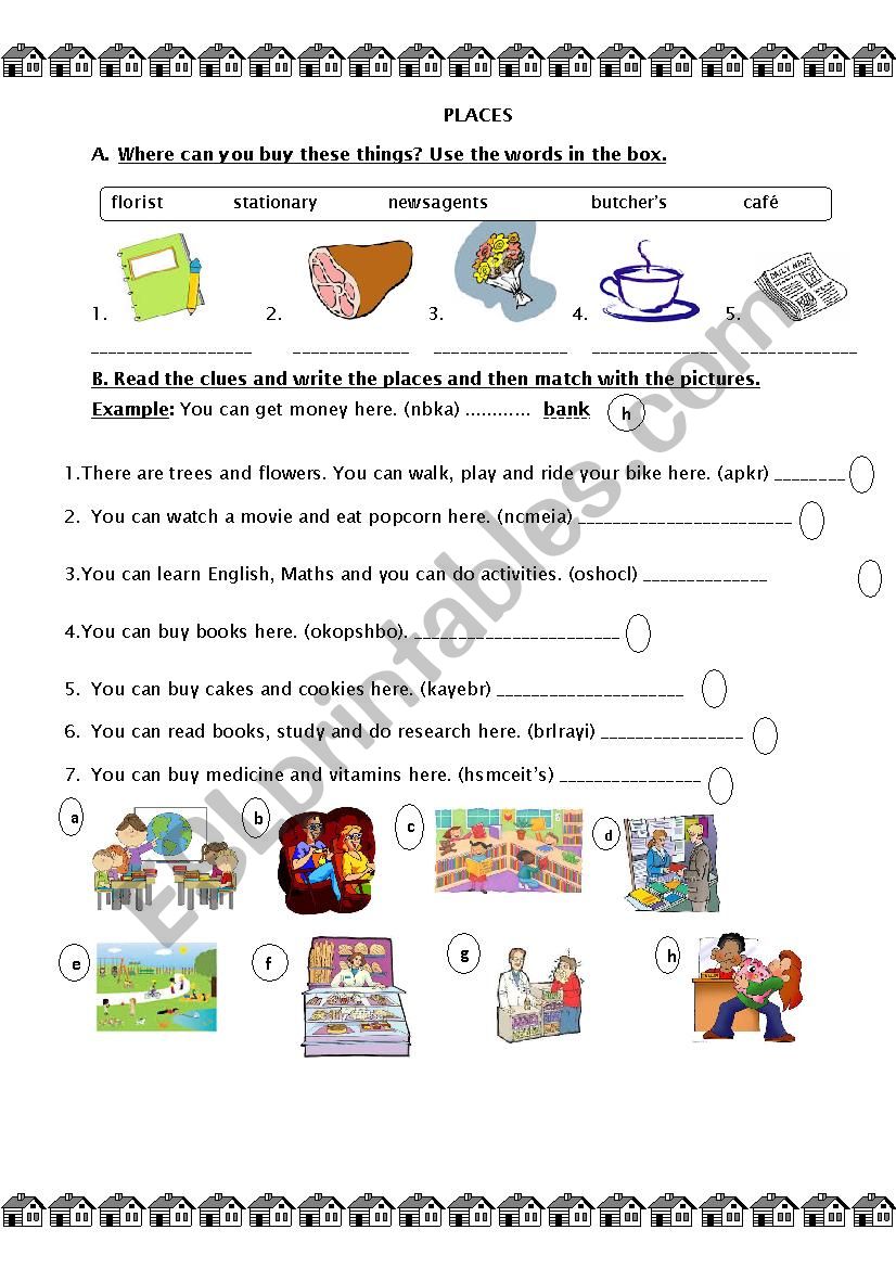 Places in a town center worksheet