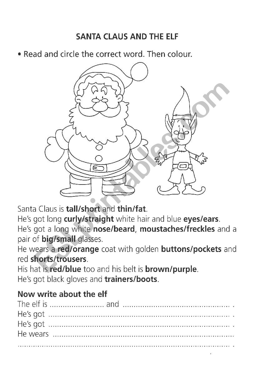 Santa Claus and the elf worksheet