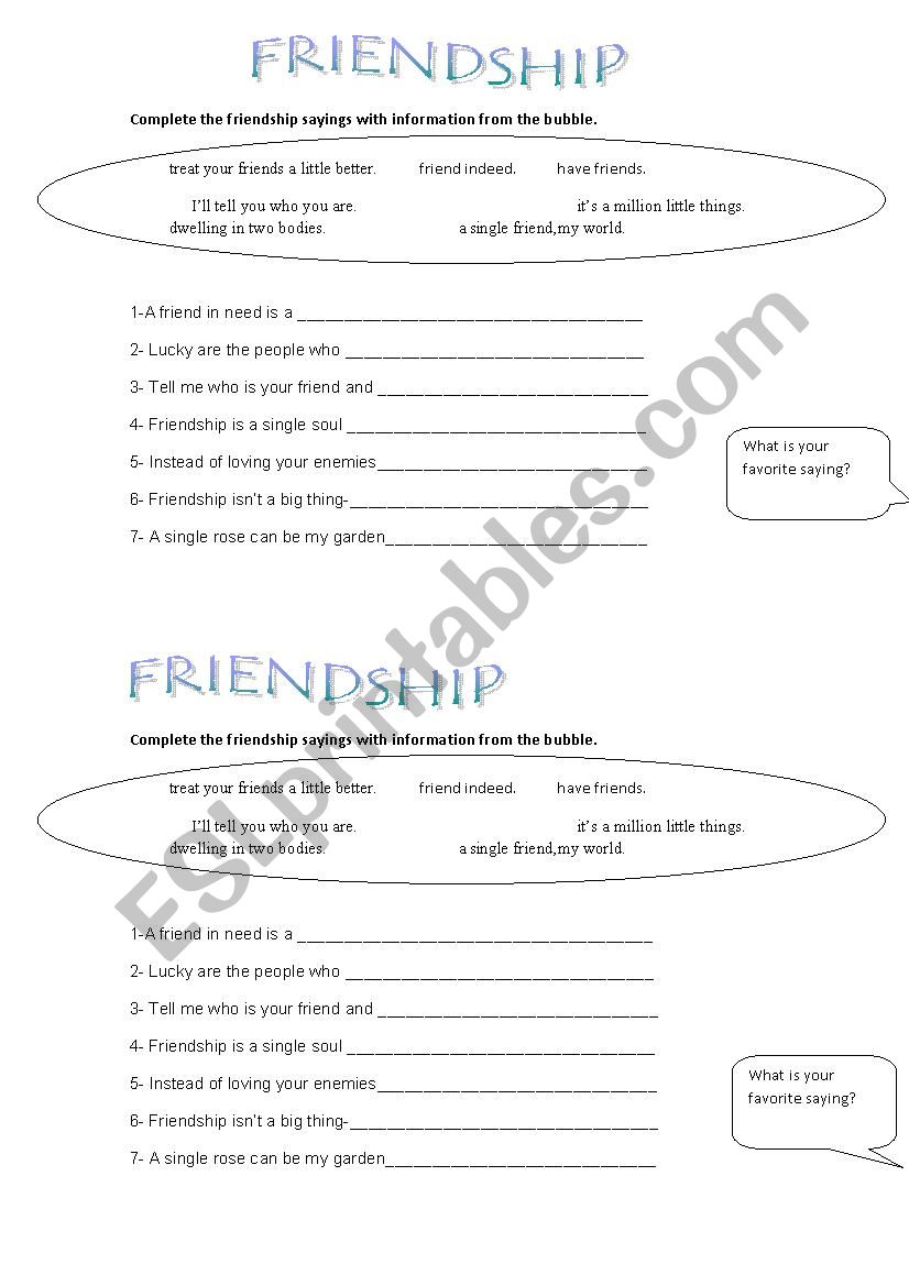 Friendship Sayings worksheet