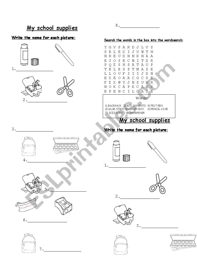 School supplies worksheet