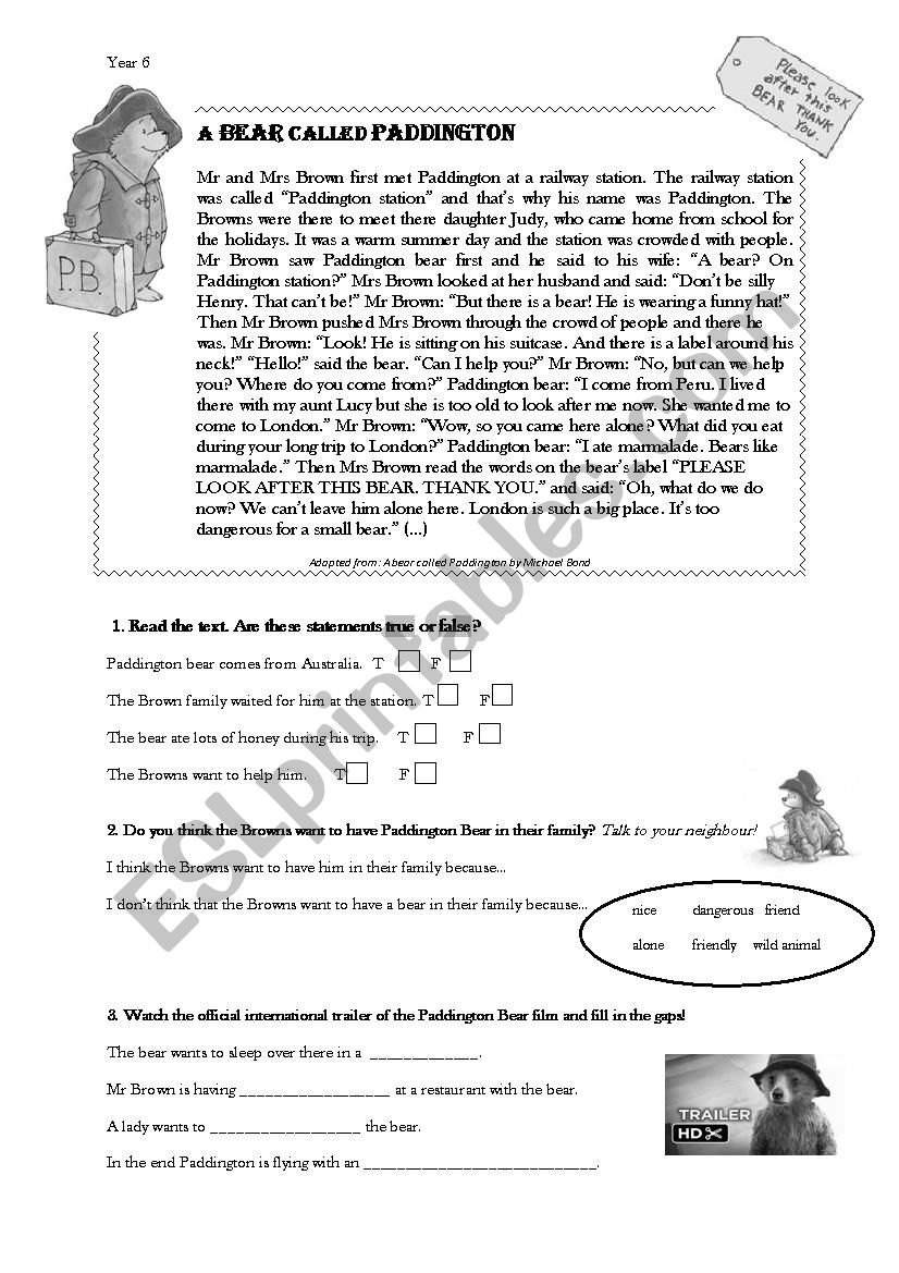 Paddington Bear  worksheet