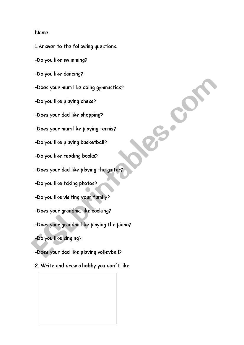 Hobbies worksheet