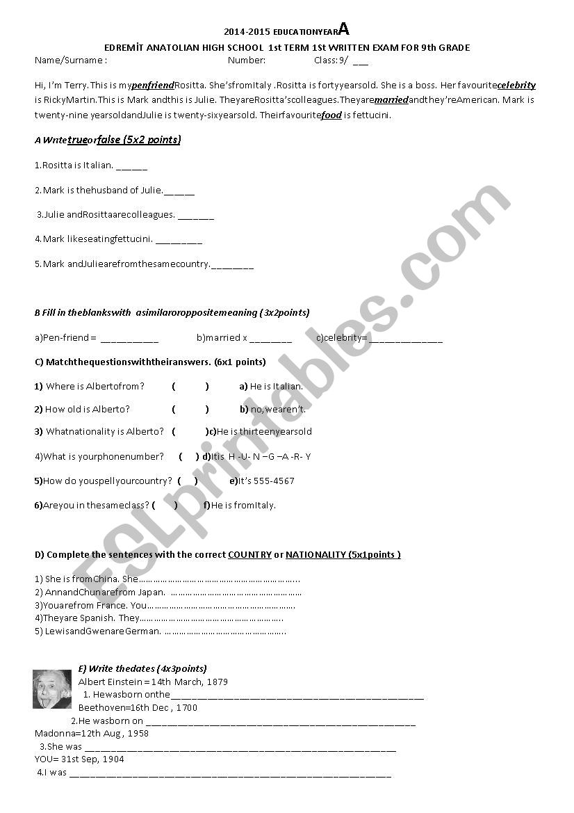 1st term 1st wrtten exam worksheet