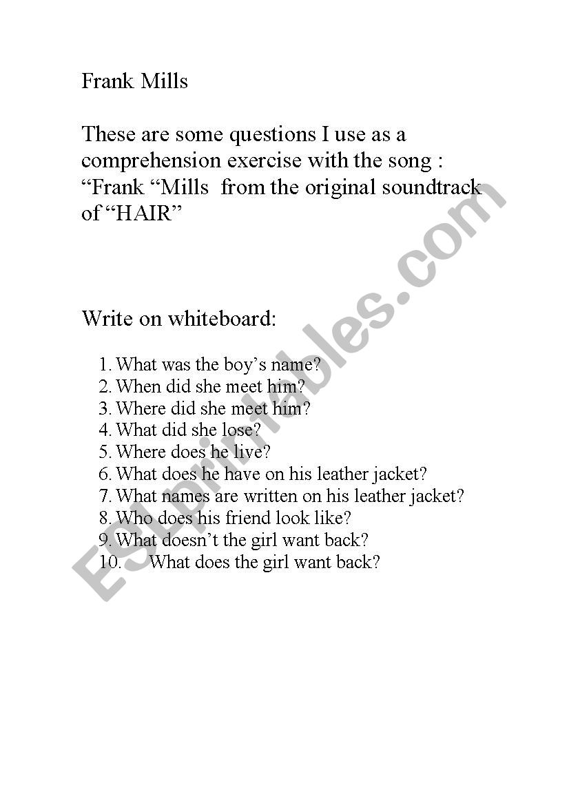 Questions for song: Frank Mills