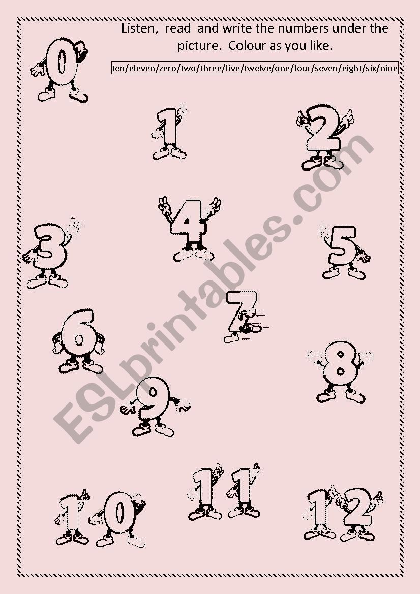 Practice Numbers from zero to twelve - ESL worksheet by musicangela