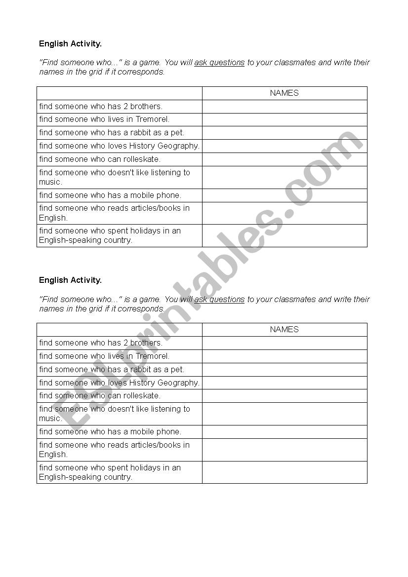 Speaking activity first lesson