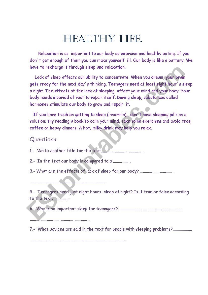 Healthy life worksheet