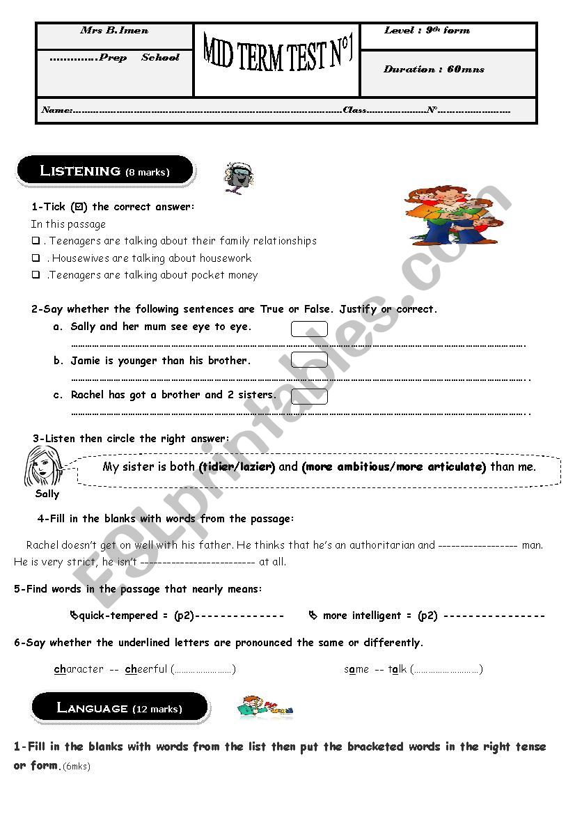 9th form test nb1 worksheet