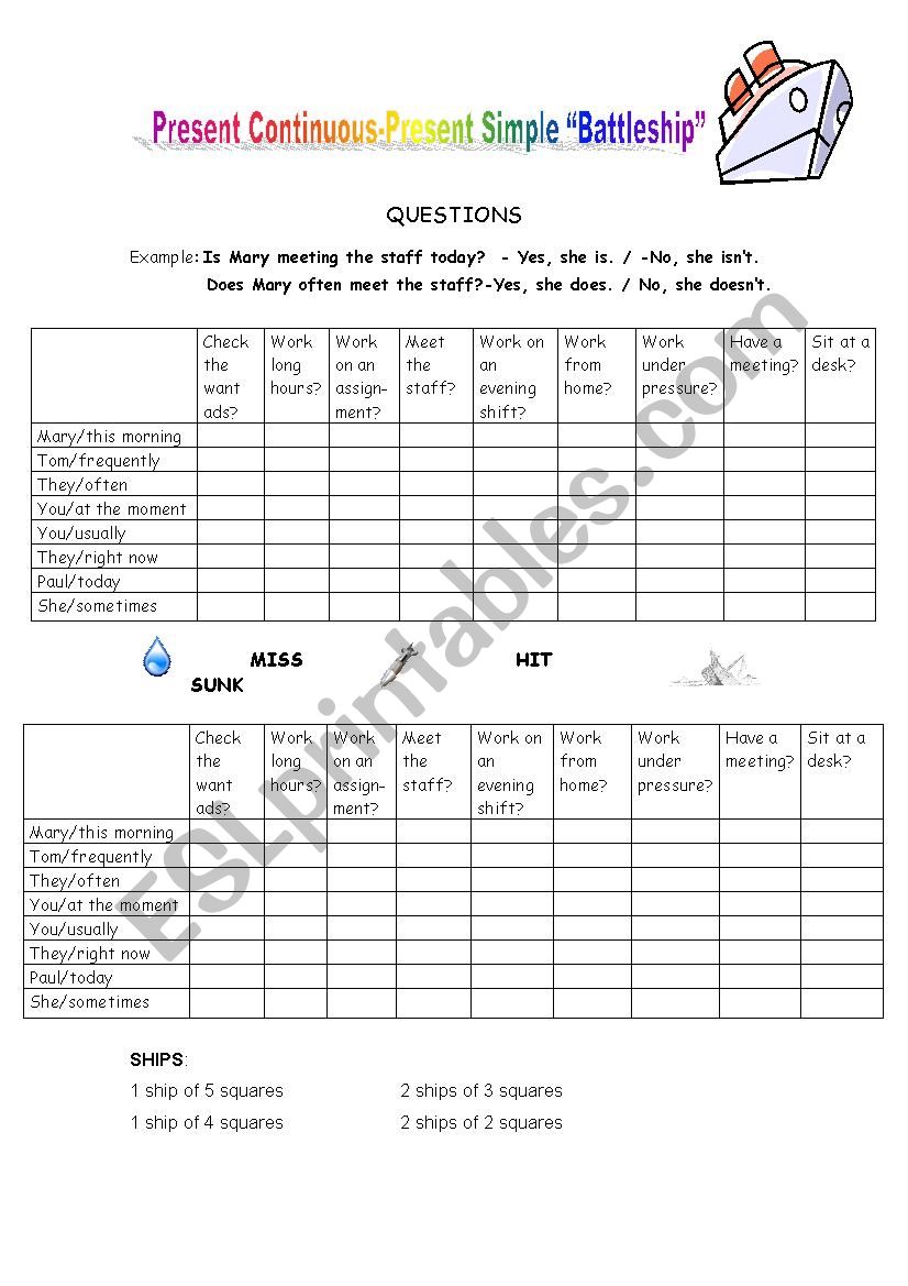 PRESENT SIMPLE - PRESENT CONTINUOUS BATTLESHIP