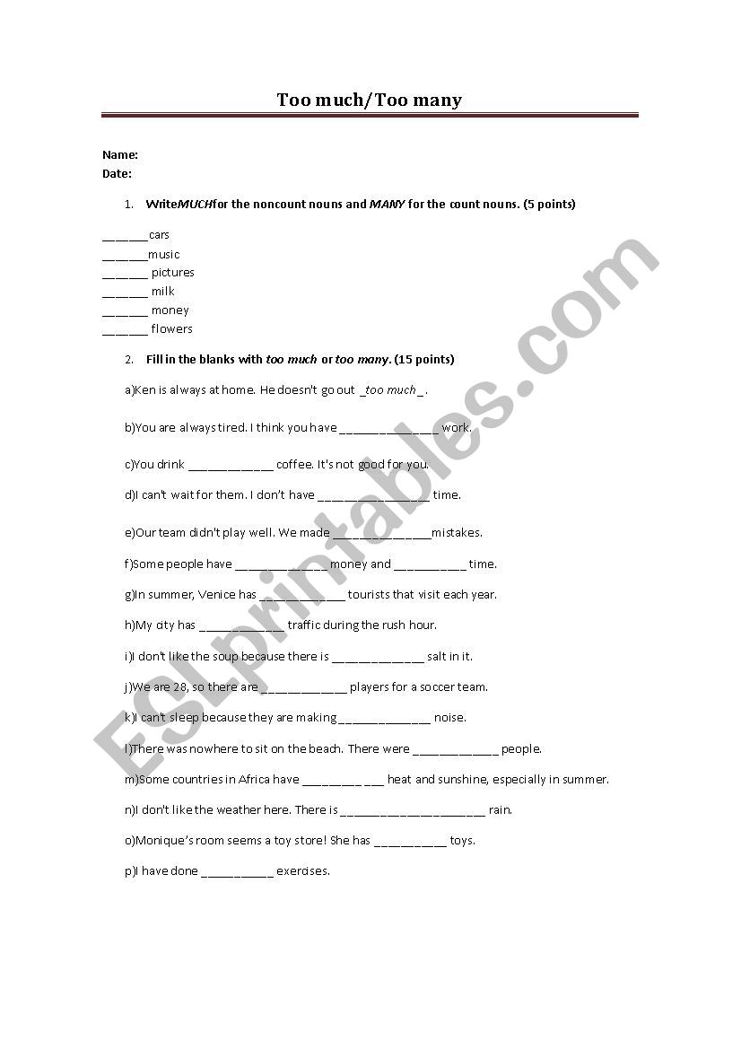 Too much - Too many (Count and Noncount nouns)