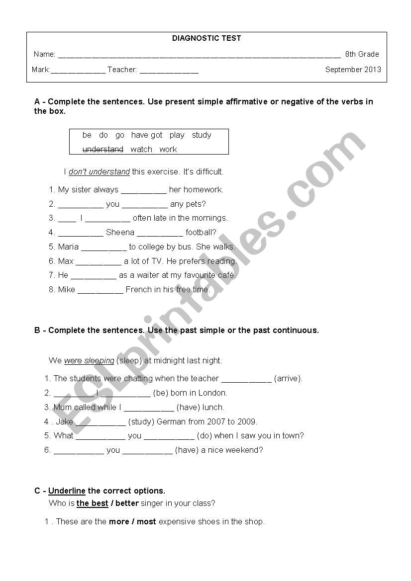 Diagnostic Test 8th Grade worksheet
