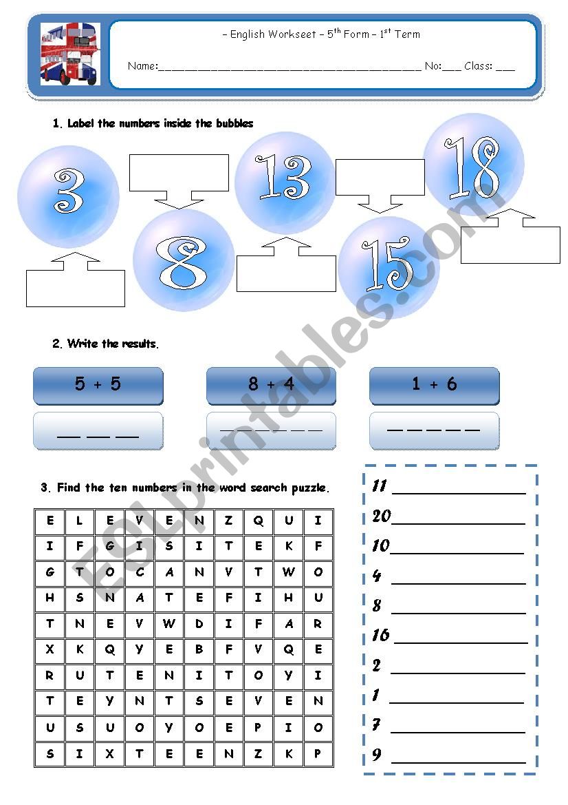 Numbers 1-20 worksheet