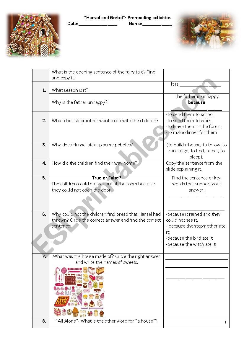 Hansel and Gretel worksheet worksheet