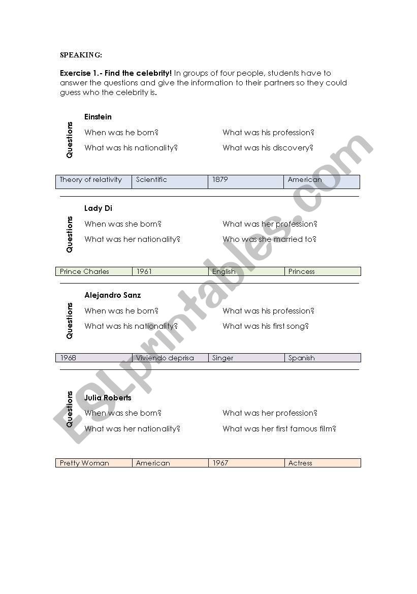 Find the celebrity worksheet