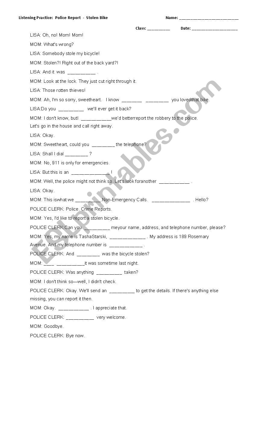 Transcript for listening - Getting a police report for a stolen bike