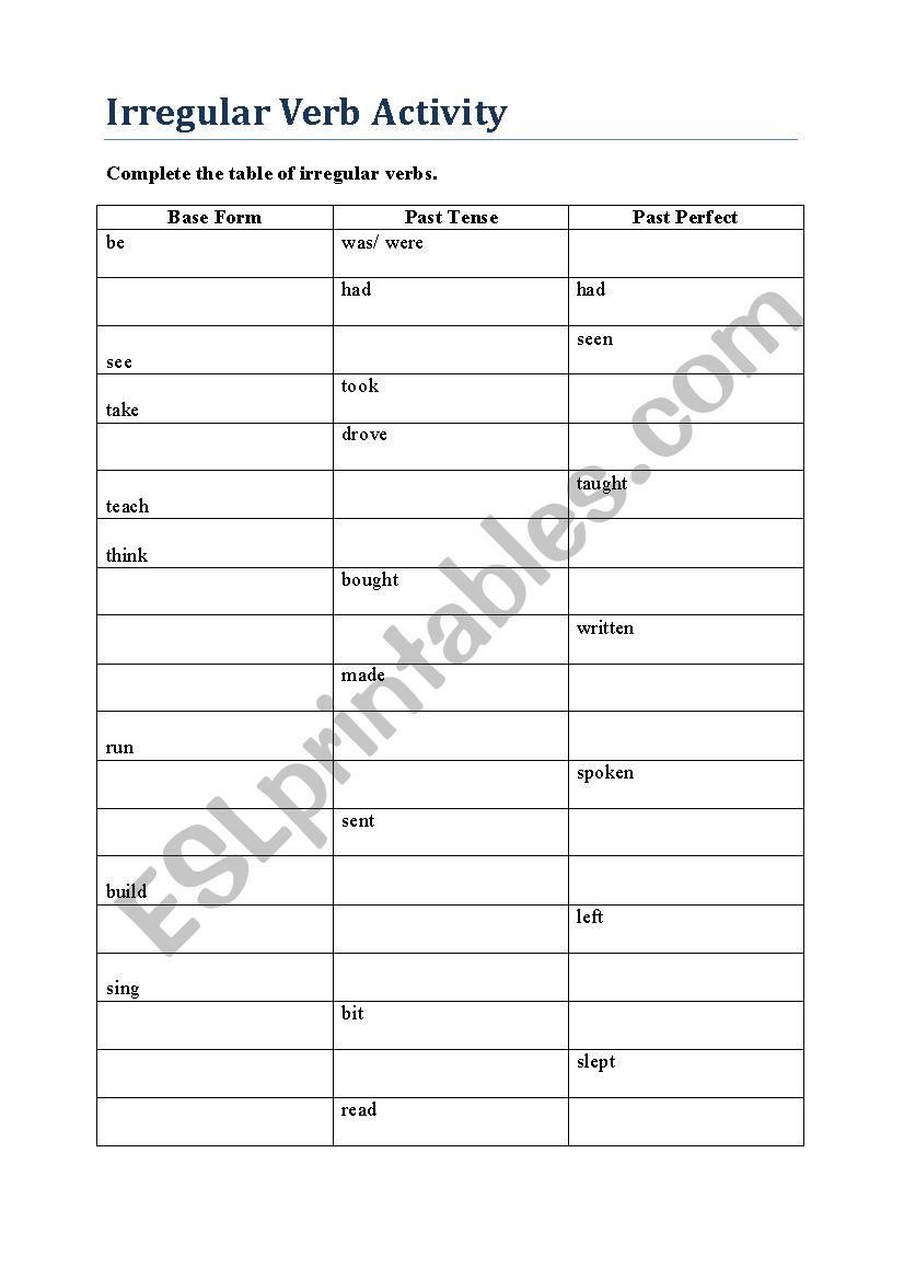 Irregular Verbs worksheet