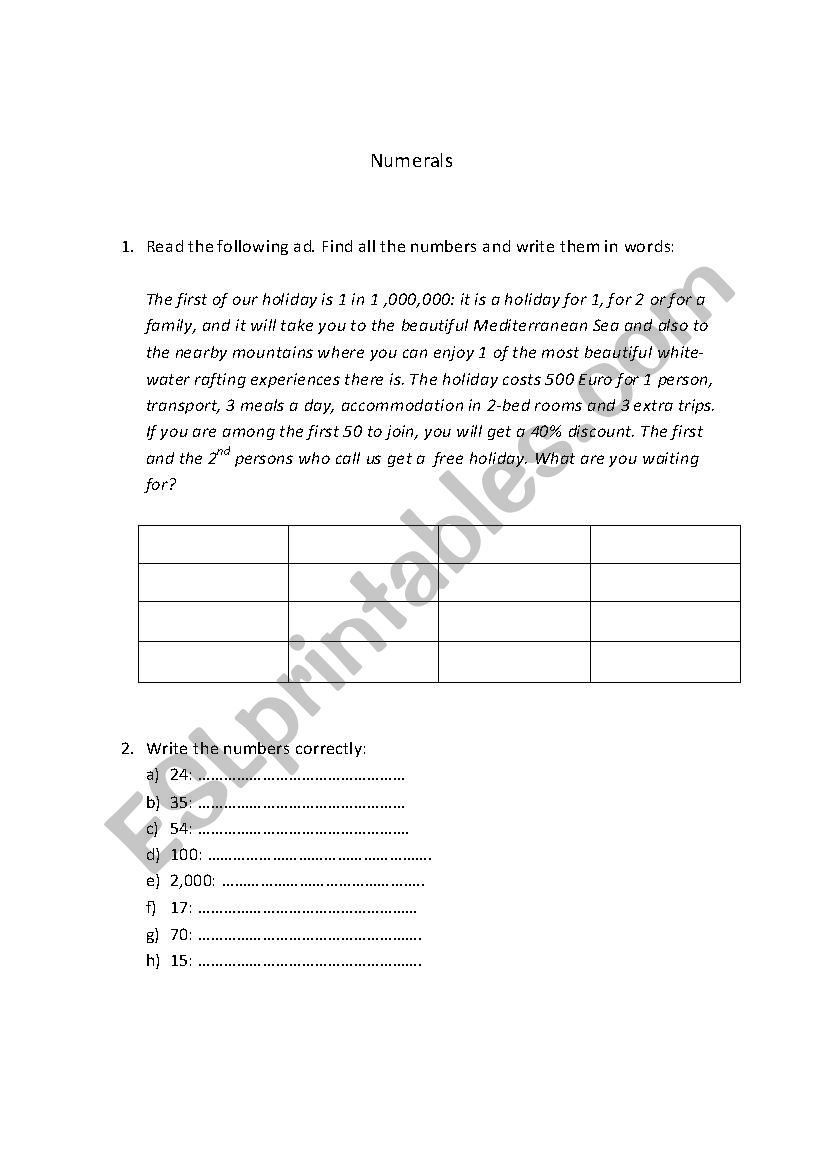 Numerals worksheet