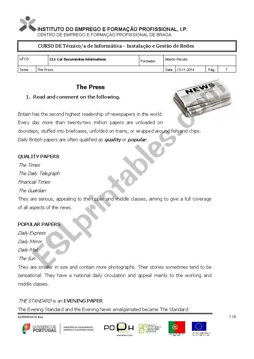 The Press worksheet