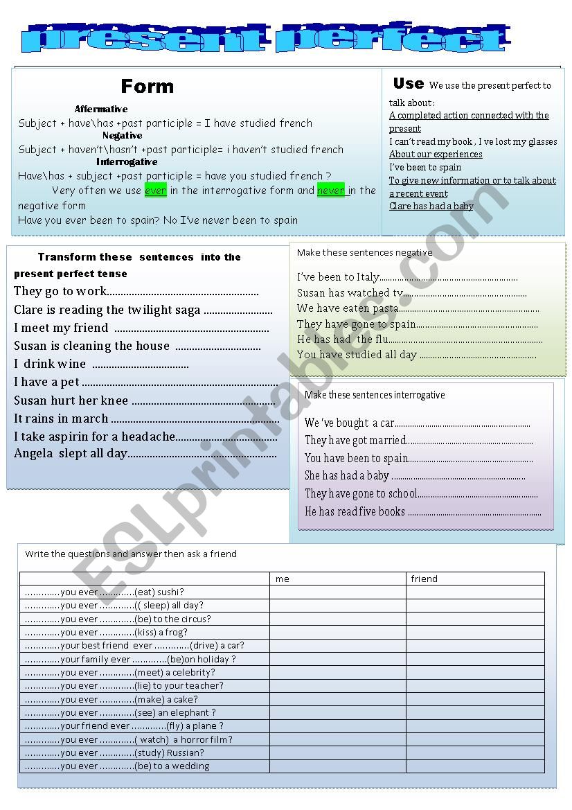 present perfect worksheet