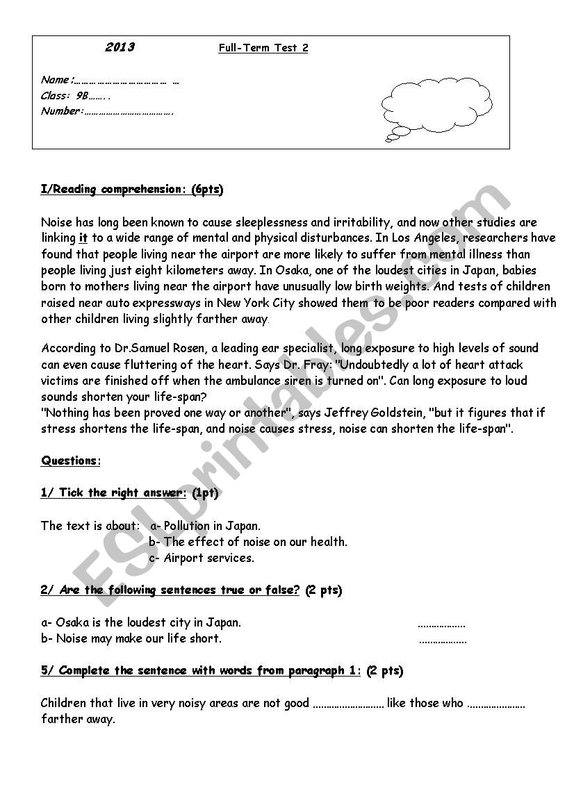 end of term test 2 9th form worksheet