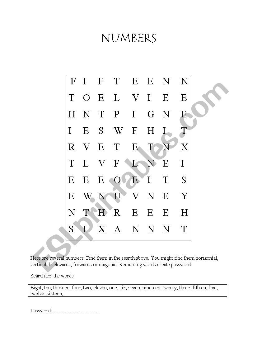 Numbers - word search worksheet