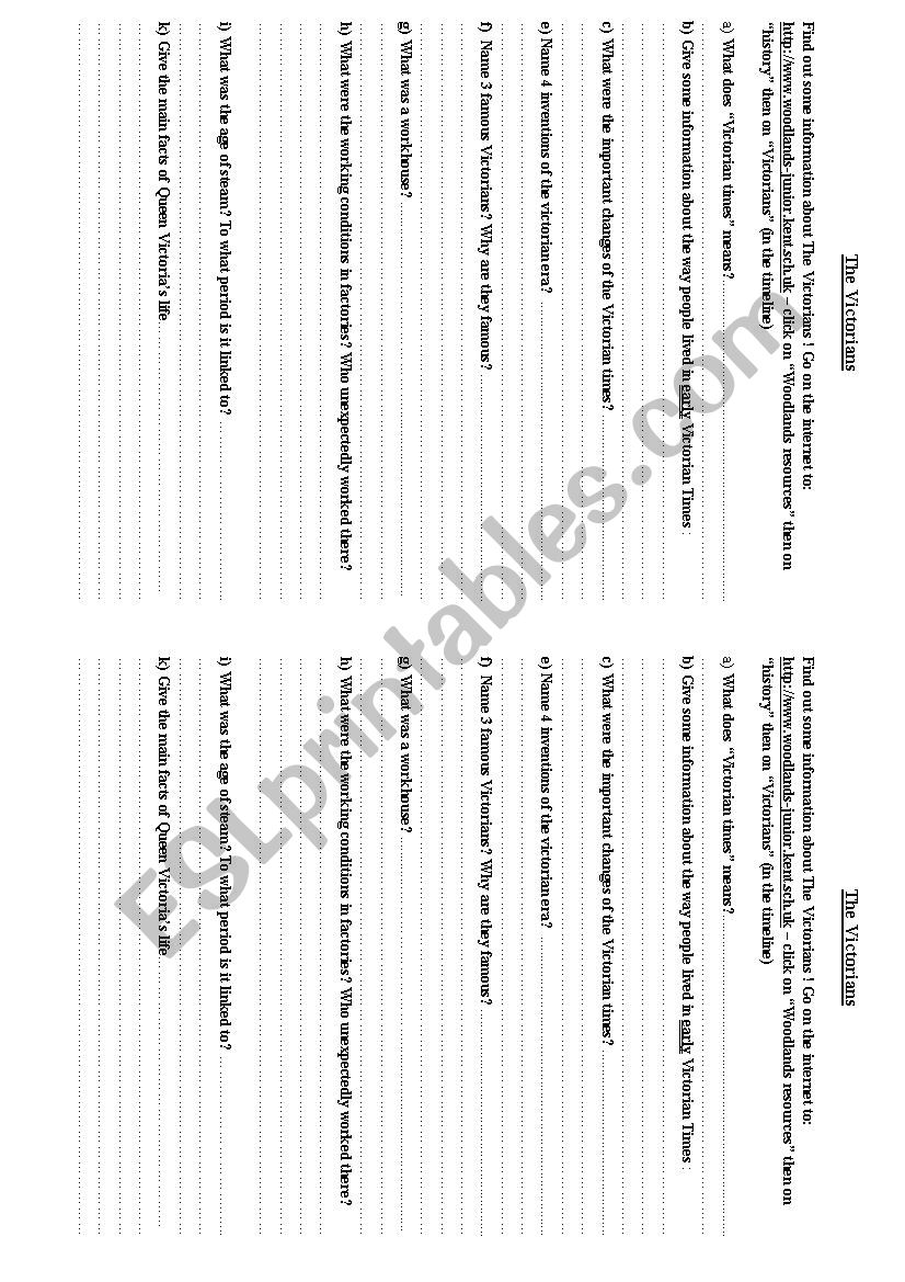 Webquest Victorian Time worksheet