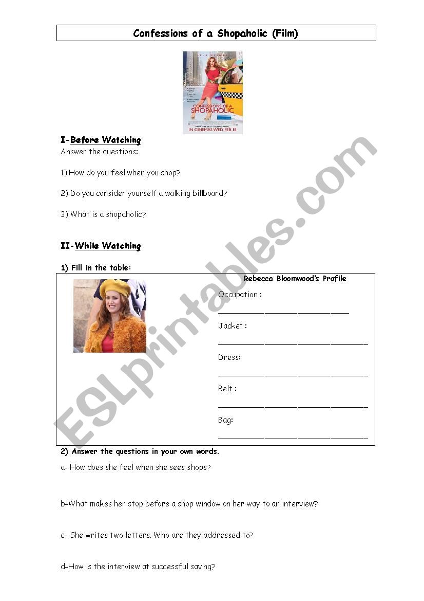 CONFESSIONS OF A SHOPAHOLIC worksheet