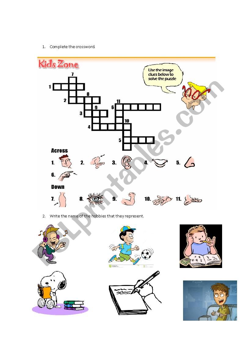 Worksheet about body parts, hobbies and duties.